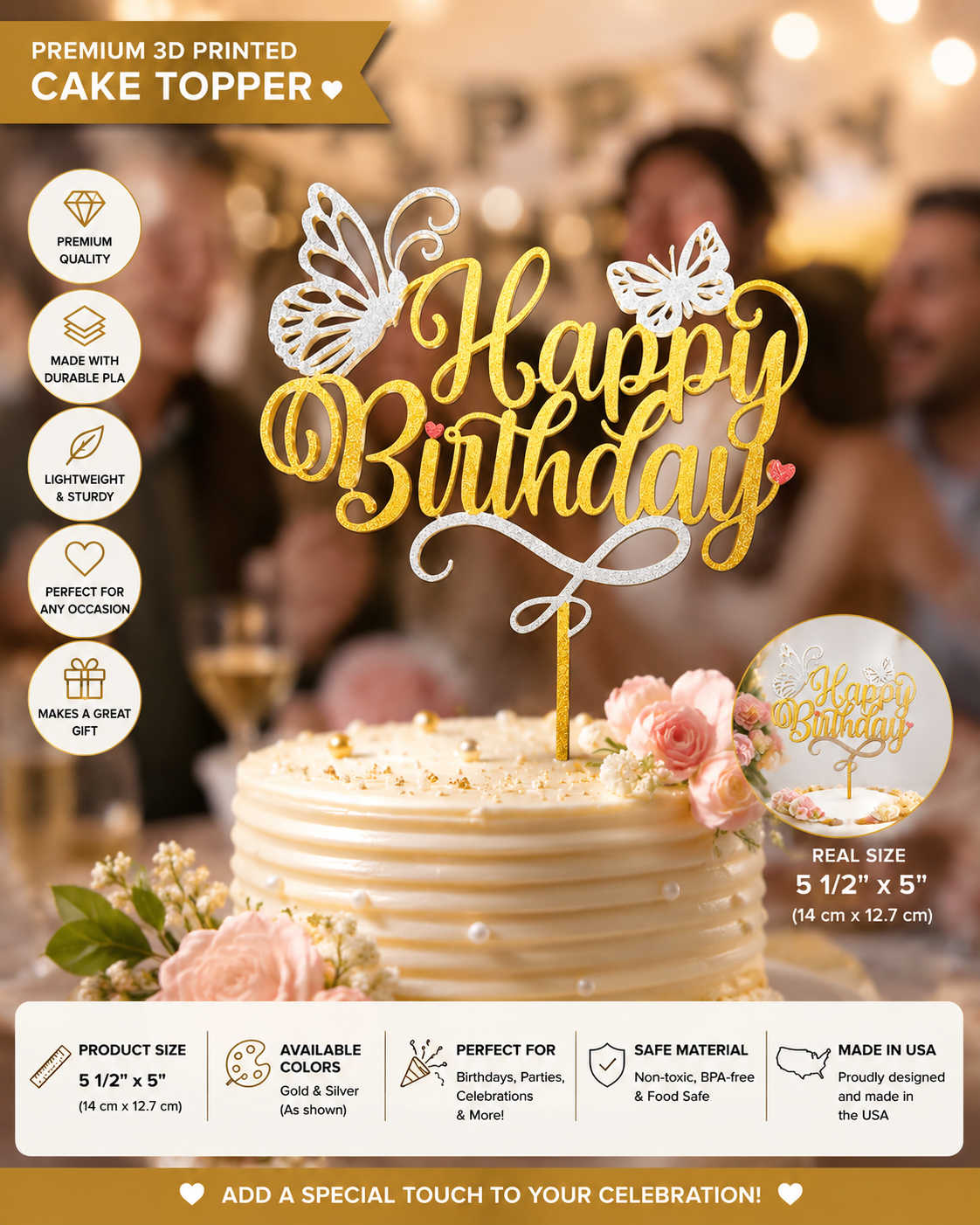 Customizable Butterfly Birthday Cake Topper