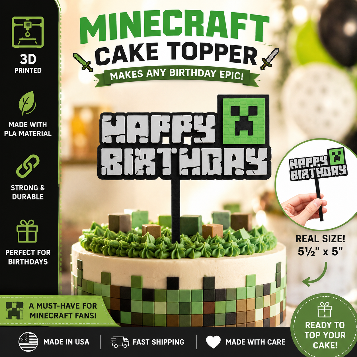 Minecraft Birthday Cake Topper, Personalized Cake Topper, Custom Gamer Birthday Decoration
